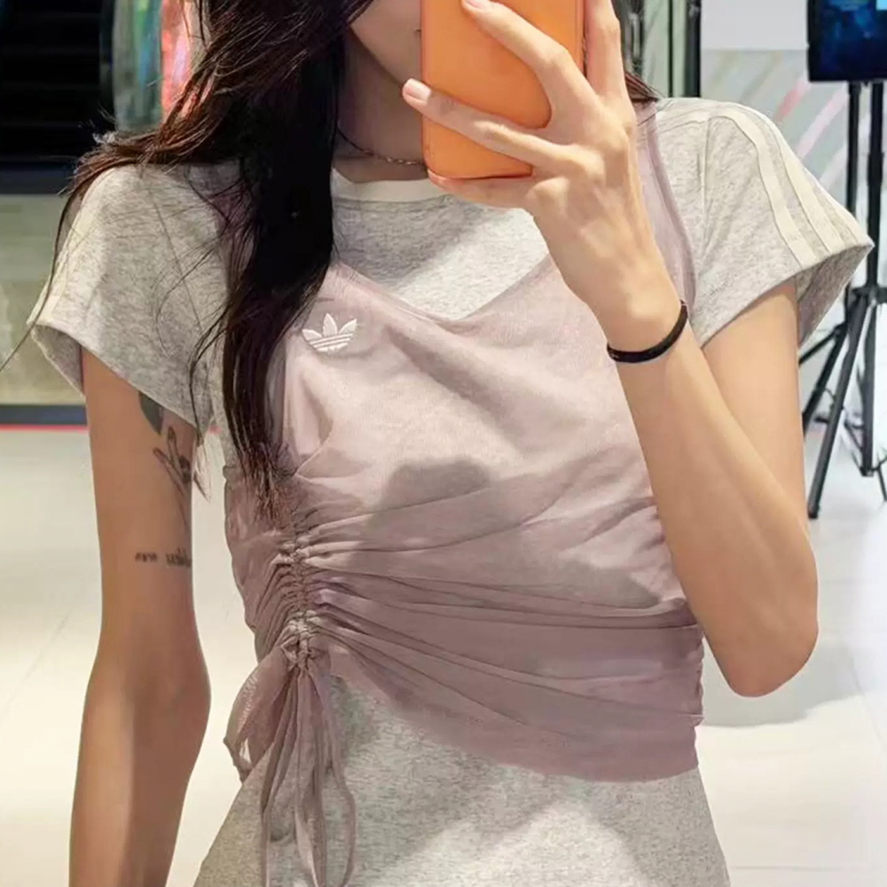 아디다스 오리지널 W 캘리 레이어드 셔링 반팔 티셔츠 퍼플 그레이 LF2340 - 상세 이미지 5