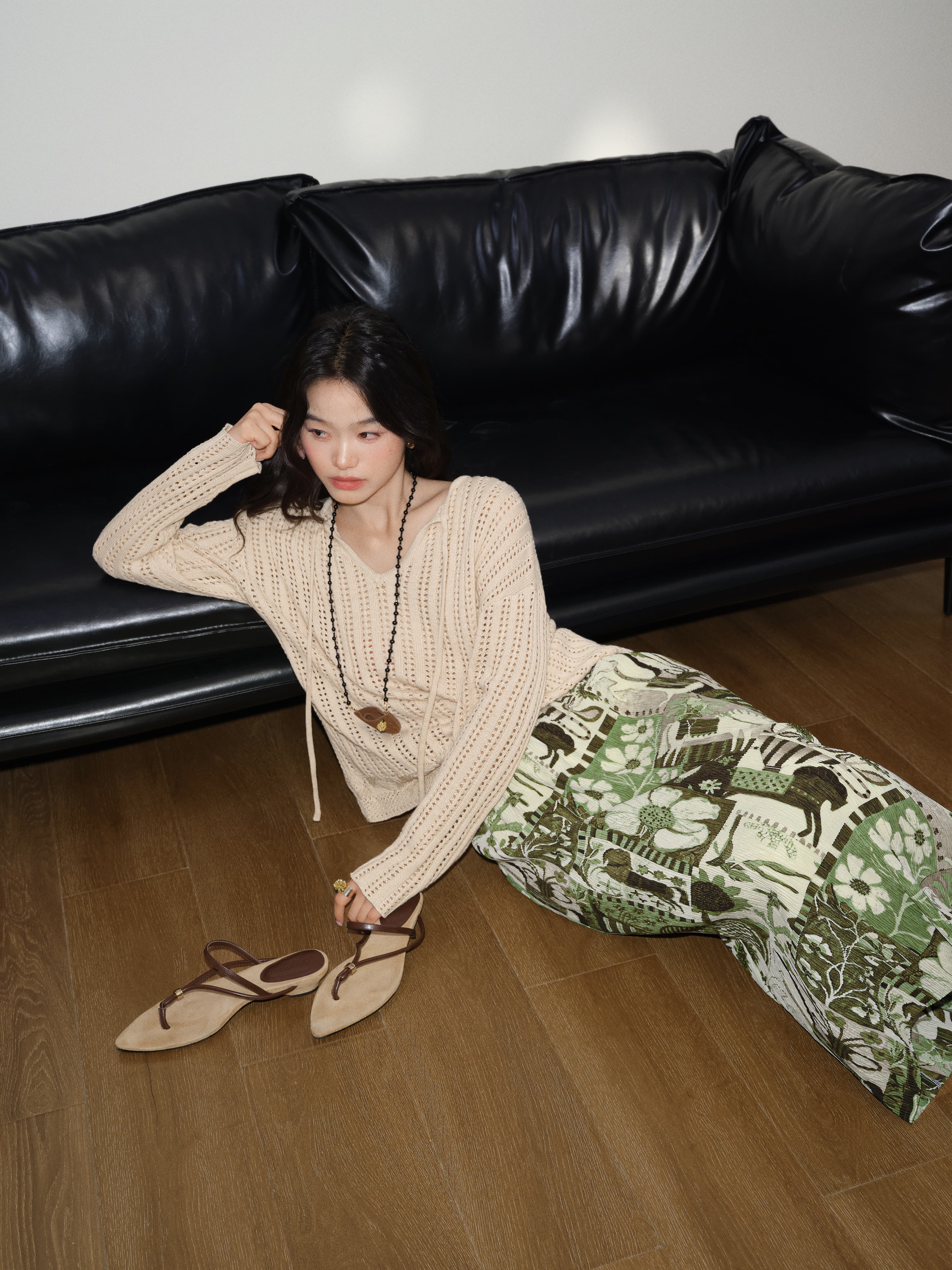 쿠오세 KUOSE 여성 믹스 패턴 미디 하이웨스트 스커트 이미지 8