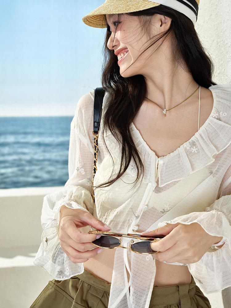 쿠오세 KUOSE 여성 러플 브이넥 자수 시어 블라우스 이미지 7