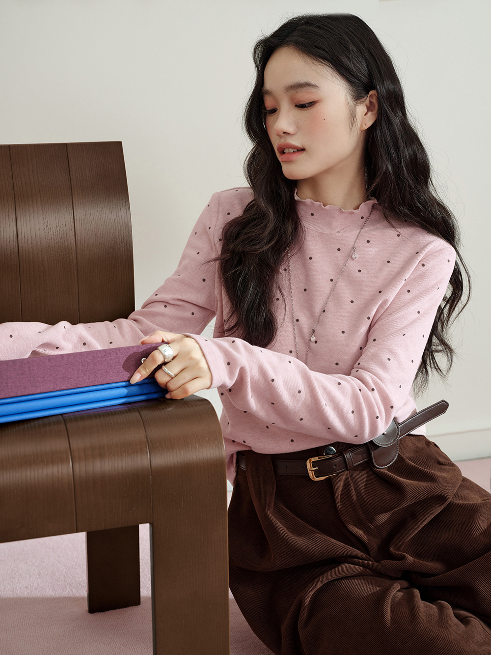 쿠오세 KUOSE 여성 폴카 롱슬리브 도트 탑 - 상세 이미지 4