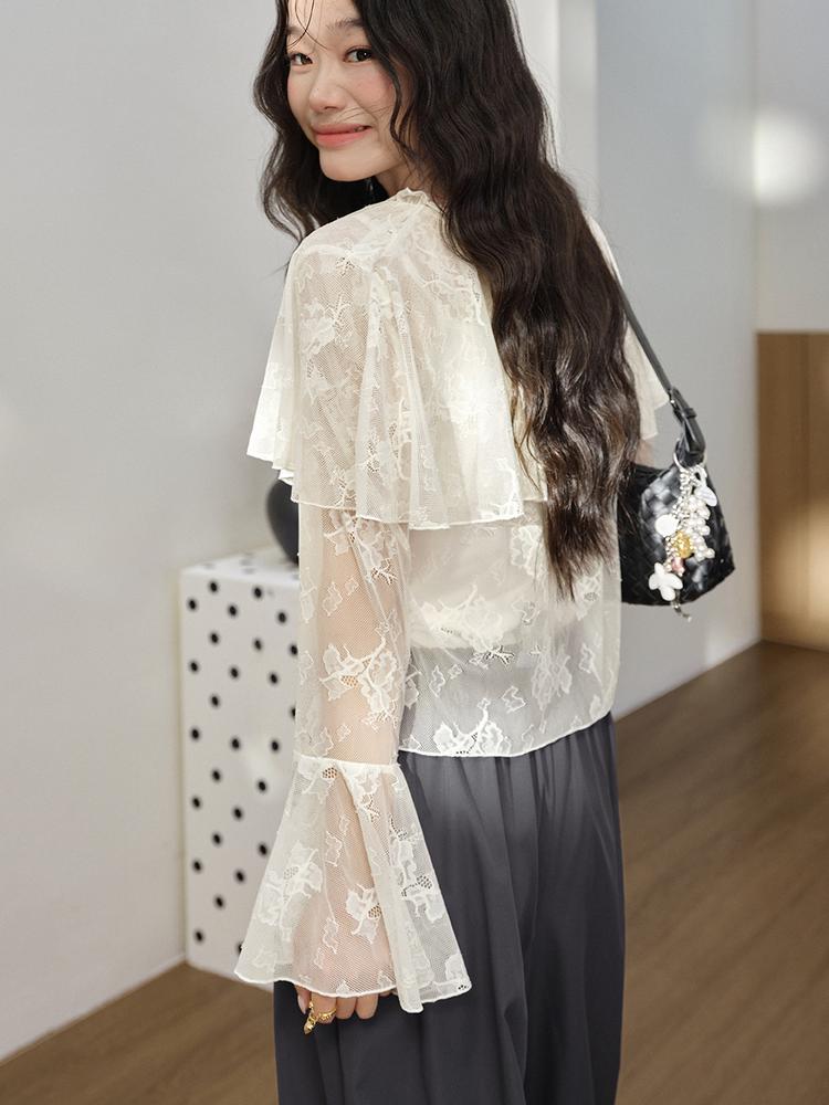 쿠오세 KUOSE 여성 숄 케이프 레이스 플라워 펀칭 블라우스 이미지 6