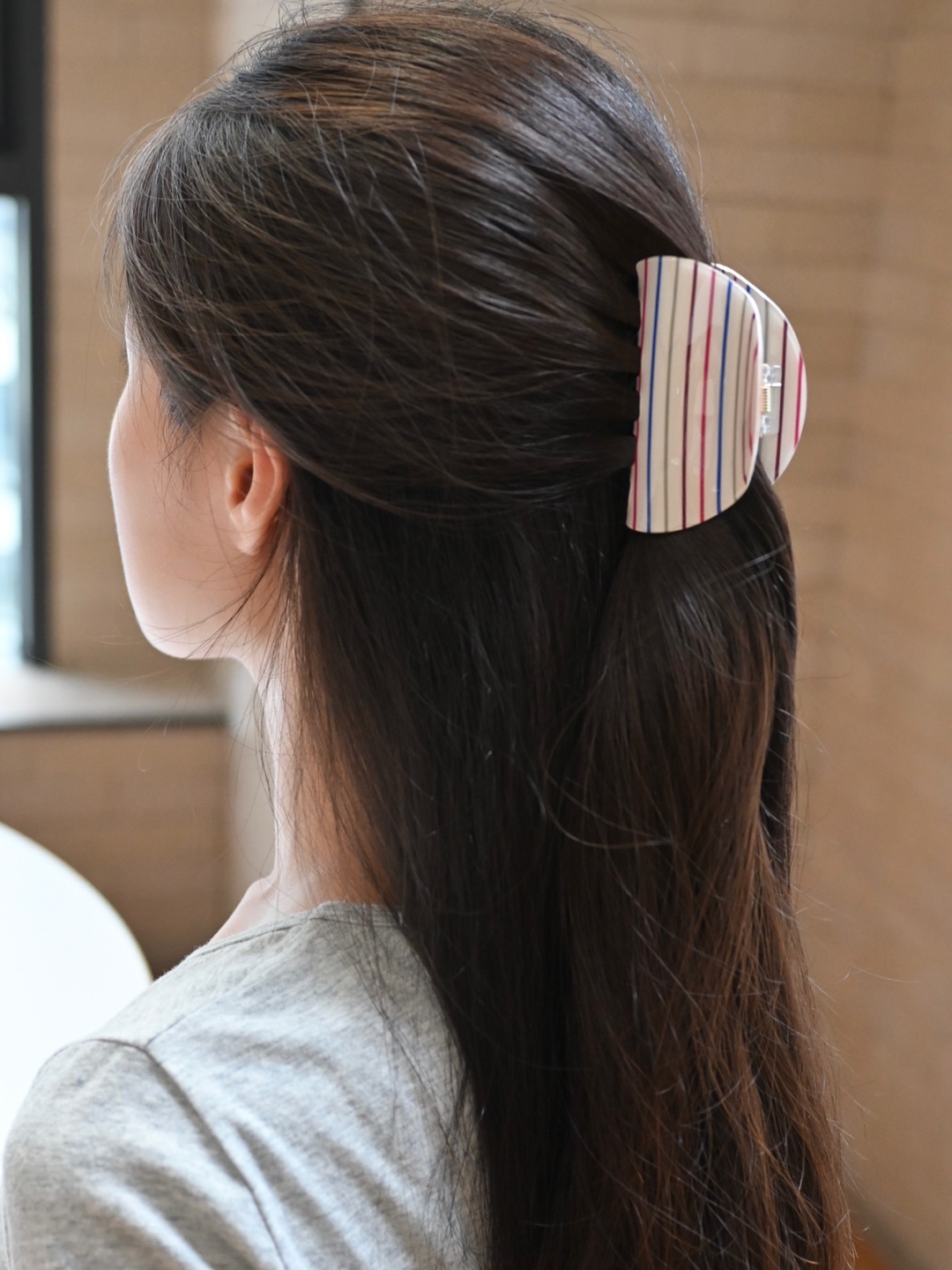 롤리팝 스트라이프 아이보리 반달 반묶음 올림머리 집게핀 바렛 키치포인트 플라스틱 - 상세 이미지 4