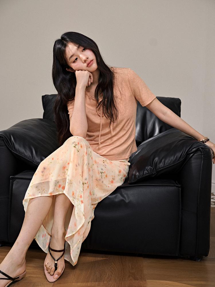 쿠오세 KUOSE 여성 오렌지색 롱 플라워 스커트 이미지 6
