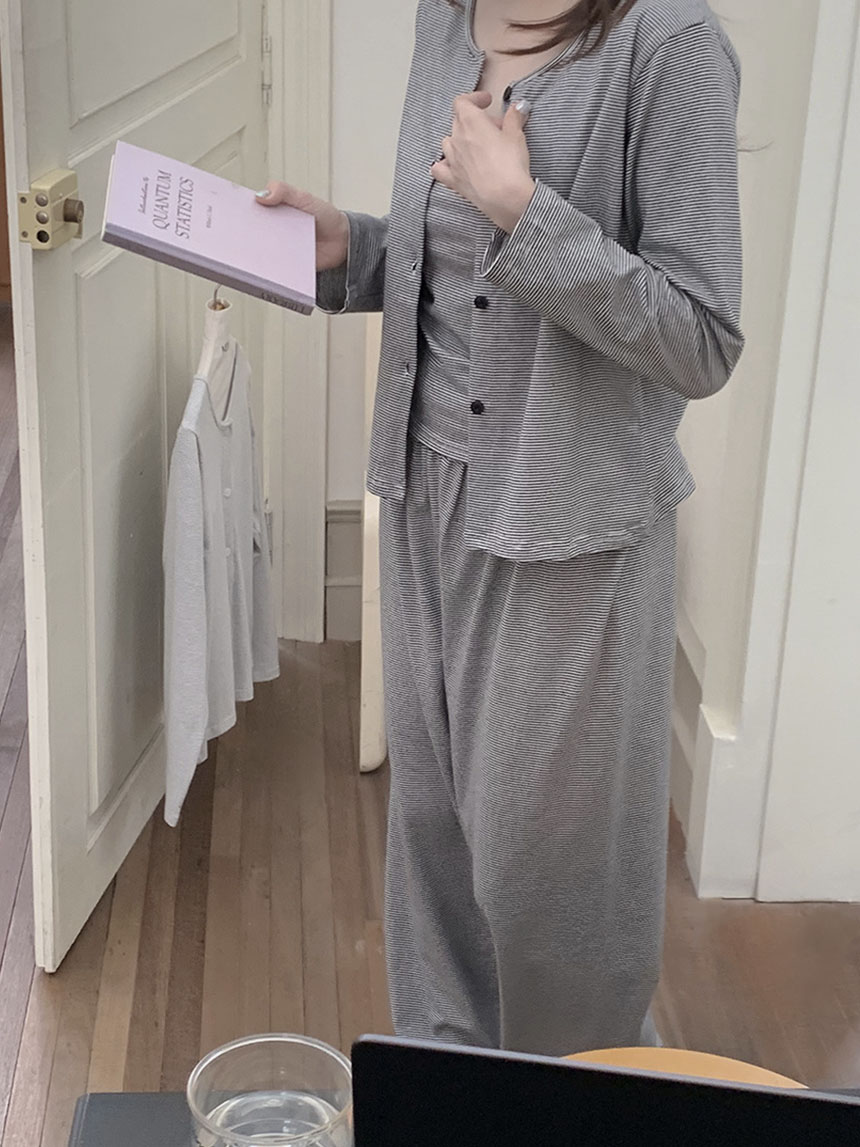 캡내장잠옷 순면 스트라이프 쓰리피스 모드 파자마 단가라 캡나시 가디건 바지 홈웨어 - 상세 이미지 2