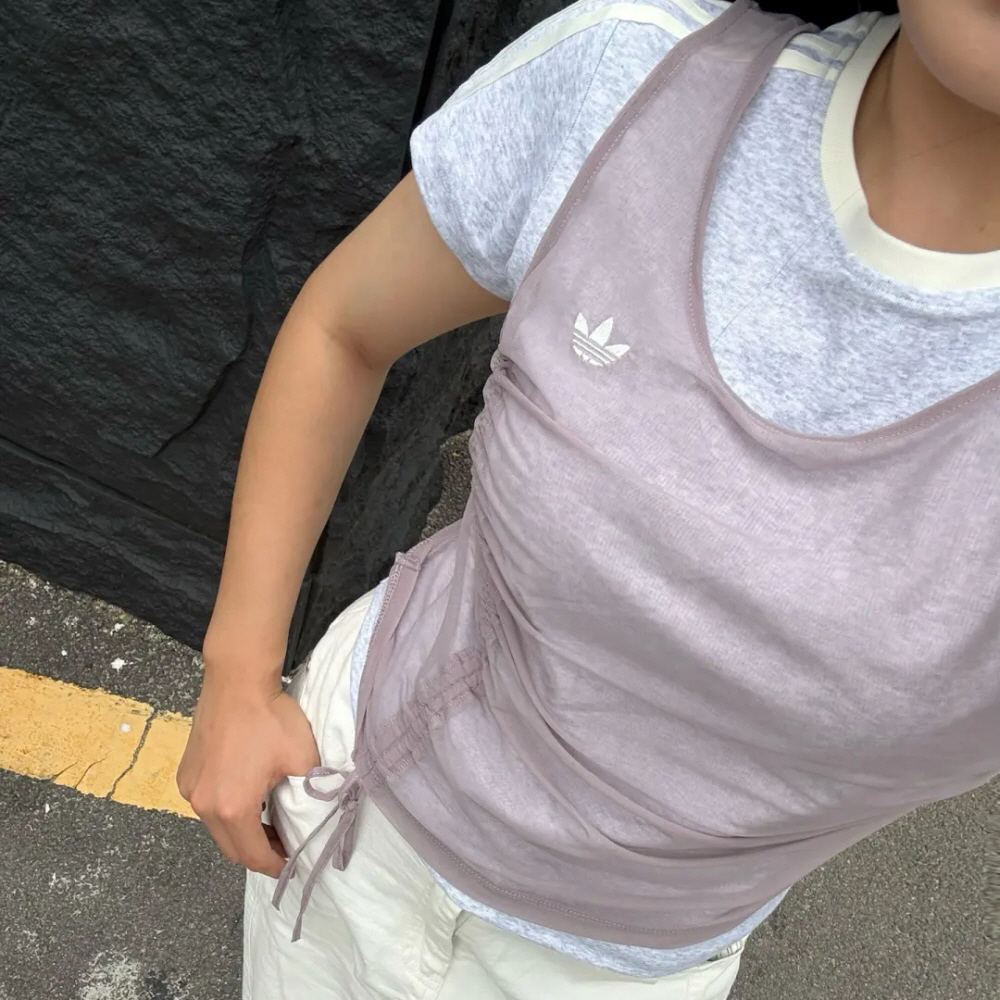 아디다스 오리지널 W 캘리 레이어드 셔링 반팔 티셔츠 퍼플 그레이 LF2340 - 상세 이미지 2