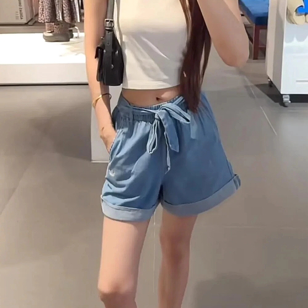 아디다스 오리지널 W 데님 숏 팬츠 와이드핏 청 반바지 블루 LF4604 이미지 6