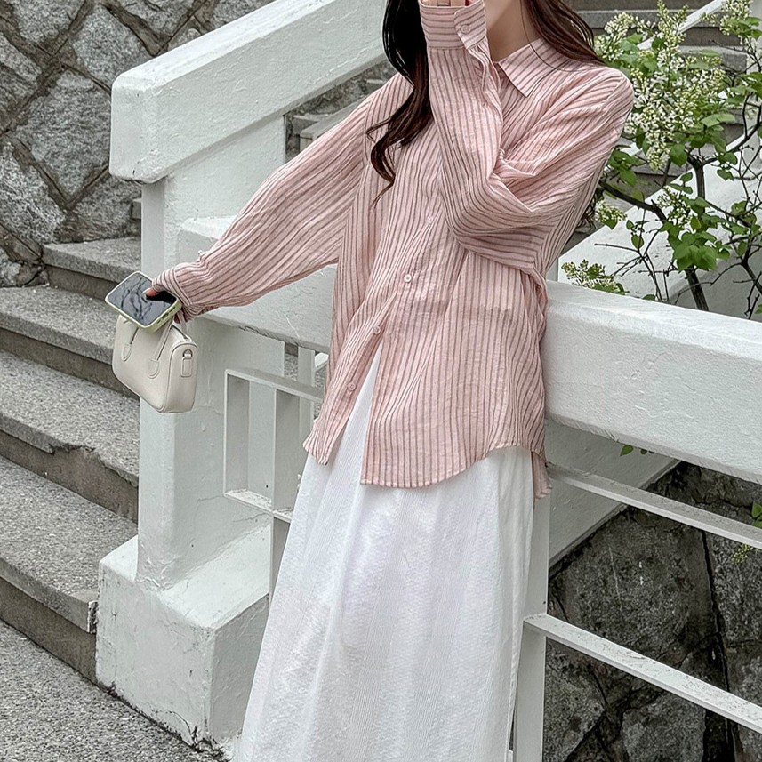 봄 여름 링클 시스루 언발란스 루즈핏 셔츠 이미지 7