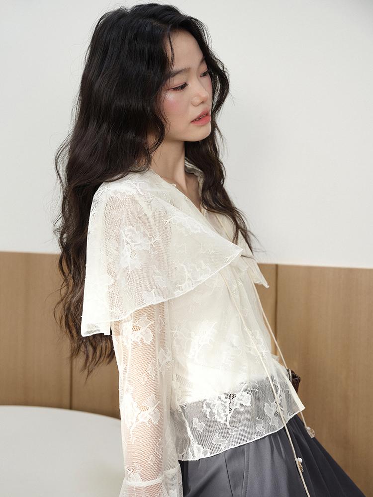 쿠오세 KUOSE 여성 숄 케이프 레이스 플라워 펀칭 블라우스 이미지 7