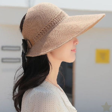 [온도아카이브]여성용 와이어 챙넓은 자외선차단 리본장식 접이식 여름 야외활동 해변 나들이
