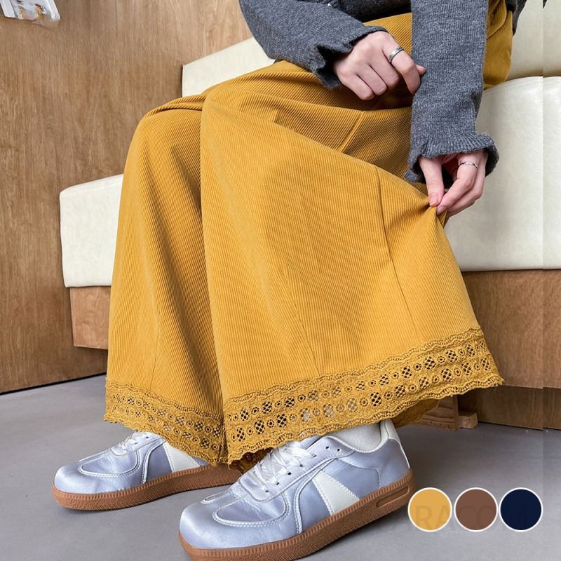 여성 데일리 루즈핏 하이웨스트 와이드 코듀로이 레이스 배색 밴딩 하렘 팬츠 배기 바지 심플 무지 베이직 - 상세 이미지 2