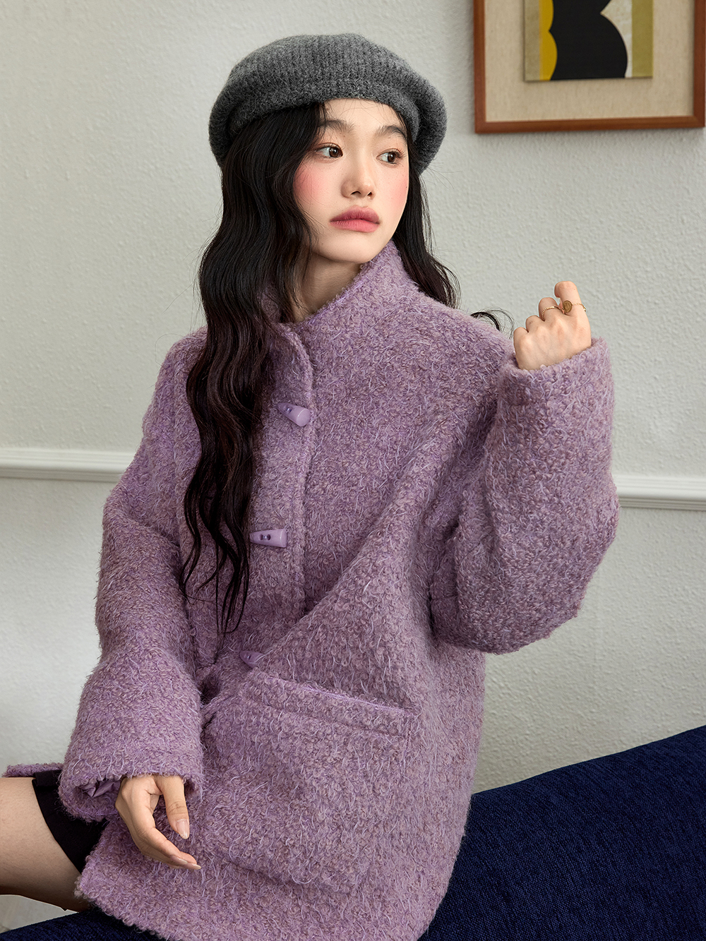 쿠오세 KUOSE 여성 스탠드 칼라 울 플리스 코트 - 상세 이미지 4