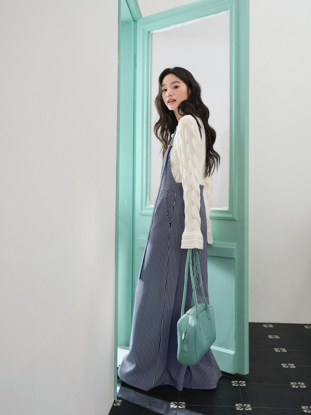 쿠오세 KUOSE 여성 다크네이비 스트라이프 멜빵바지 이미지 8