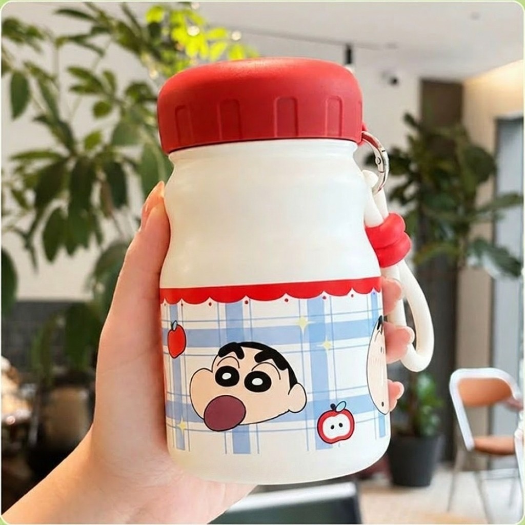 짱구 텀블러 우유병 보온 보냉 430ml 용량 물병 귀여운 캐릭터 물통 스트랩 레드 - 상품 이미지