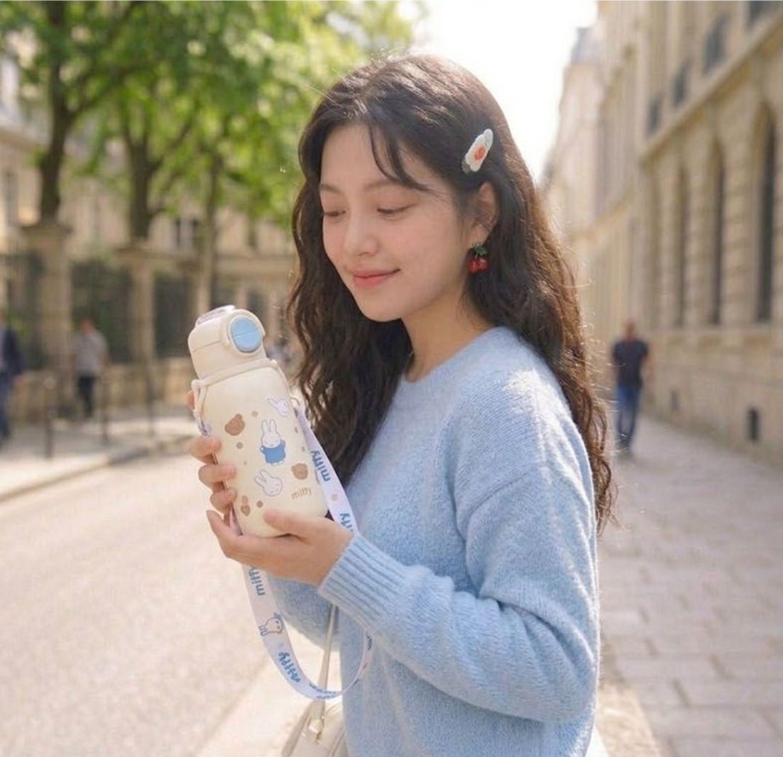 손잡이 보온 보냉 물병 핸들 캐릭터 물통 이중 빨대 텀블러 430ml 스트랩 미피 - 상세 이미지 5