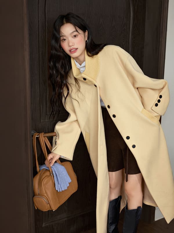쿠오세 KUOSE 여성 스탠드칼라 울혼방 롱코트 - 상품 이미지