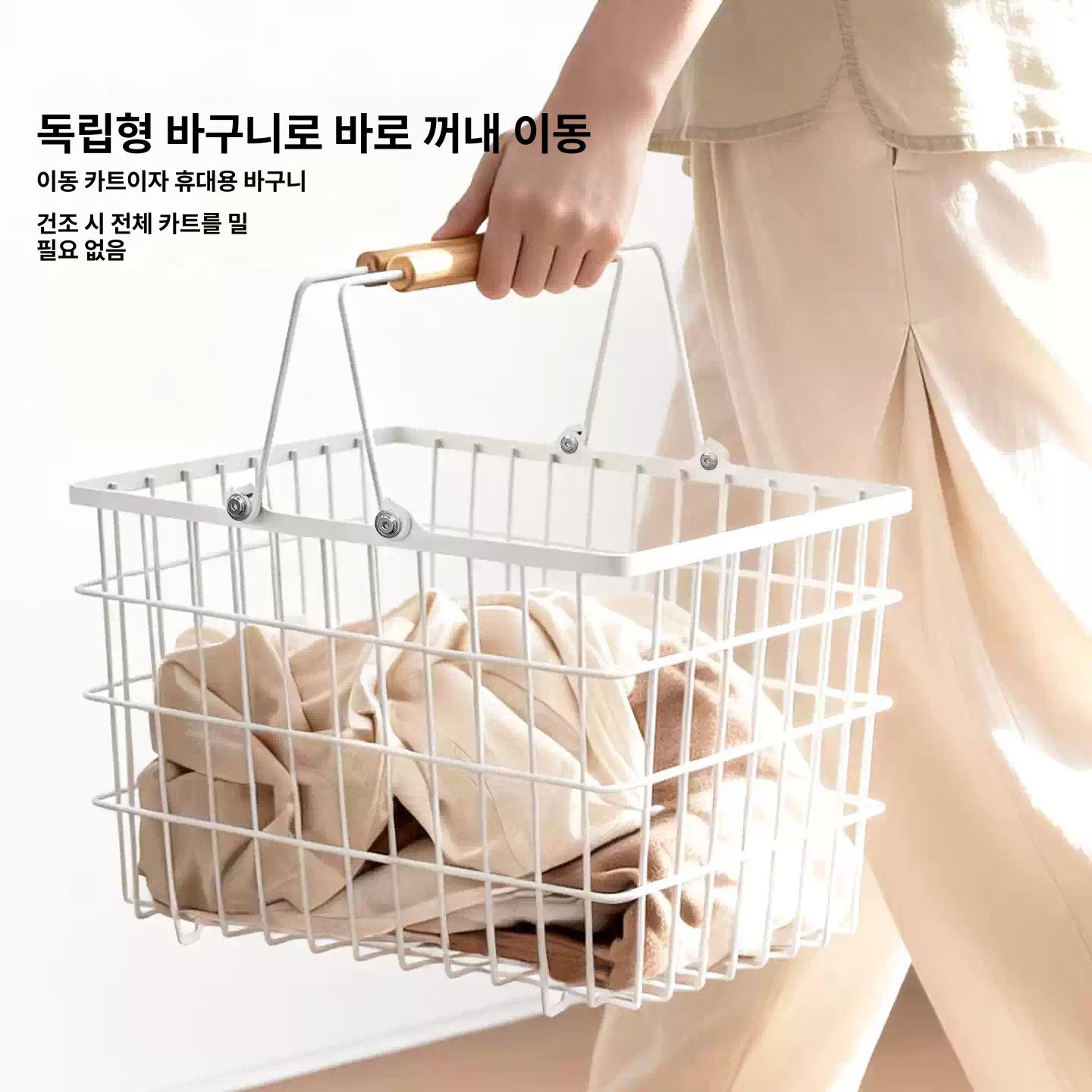 이동식 슬림 빨래바구니 원목 손잡이 세탁물 수거카트 오렌지 대형 소형 - 상세 이미지 4