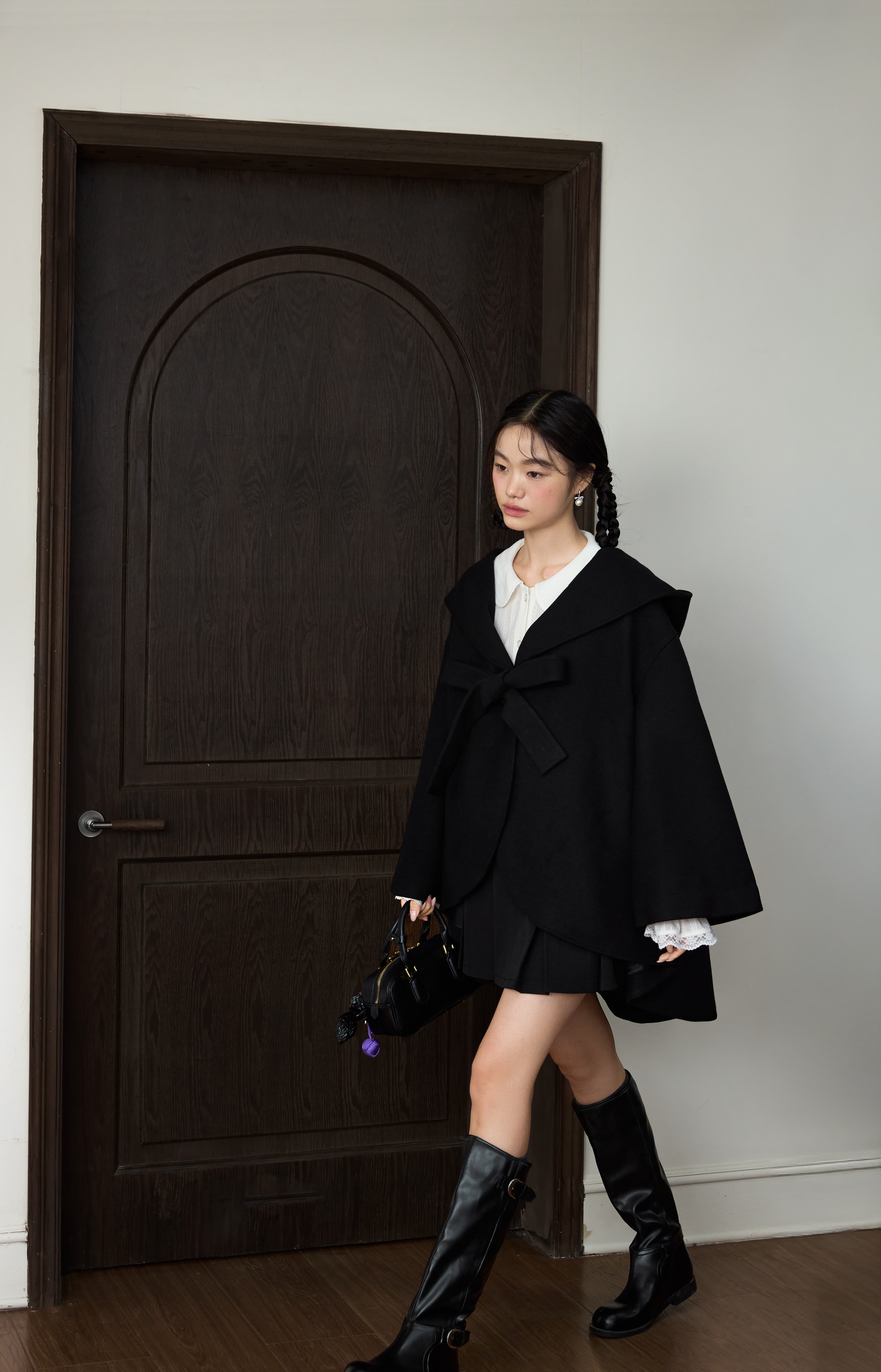 쿠오세 KUOSE 여성 보타이 빅리본 모직 케이프 오버핏 코트 이미지 6