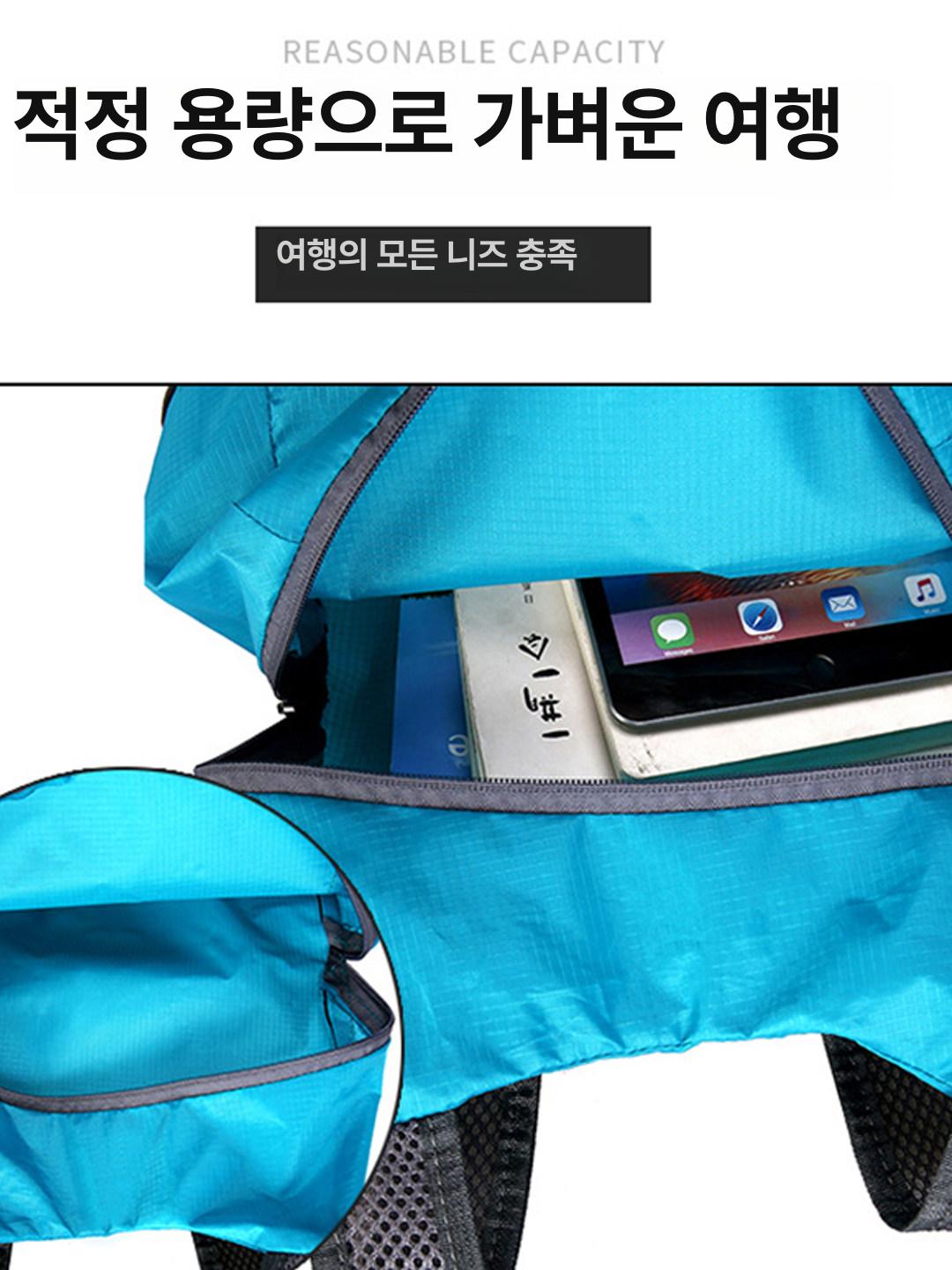 초경량 접이식 여행 백팩 대용량 간편수납 방수 남녀공용 휴대용 배낭 블랙 - 상세 이미지 4