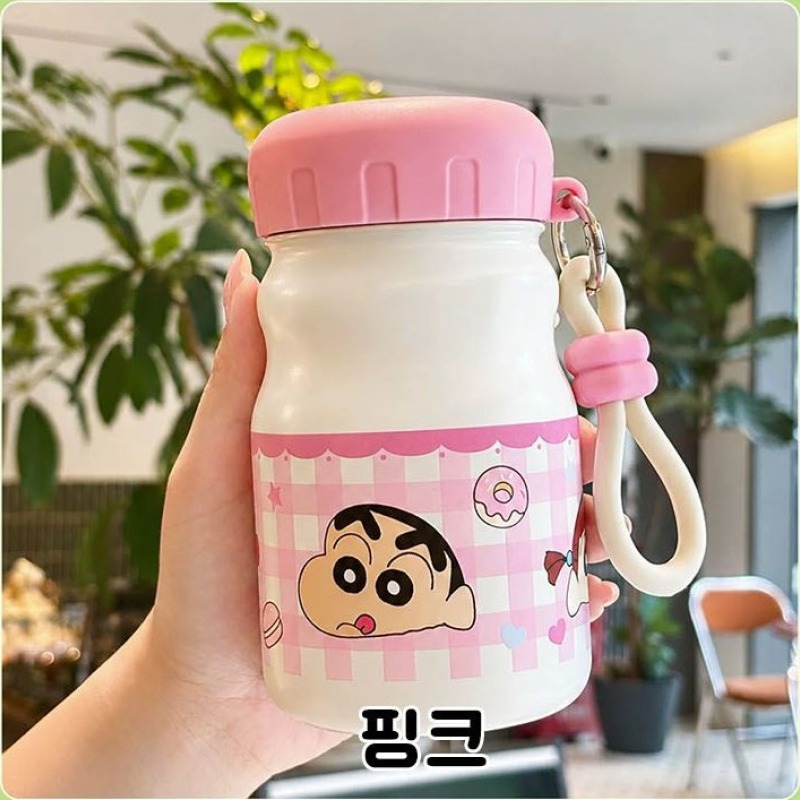 짱구 텀블러 우유병 보온 보냉 430ml 용량 물병 귀여운 캐릭터 물통 스트랩 레드 이미지 8