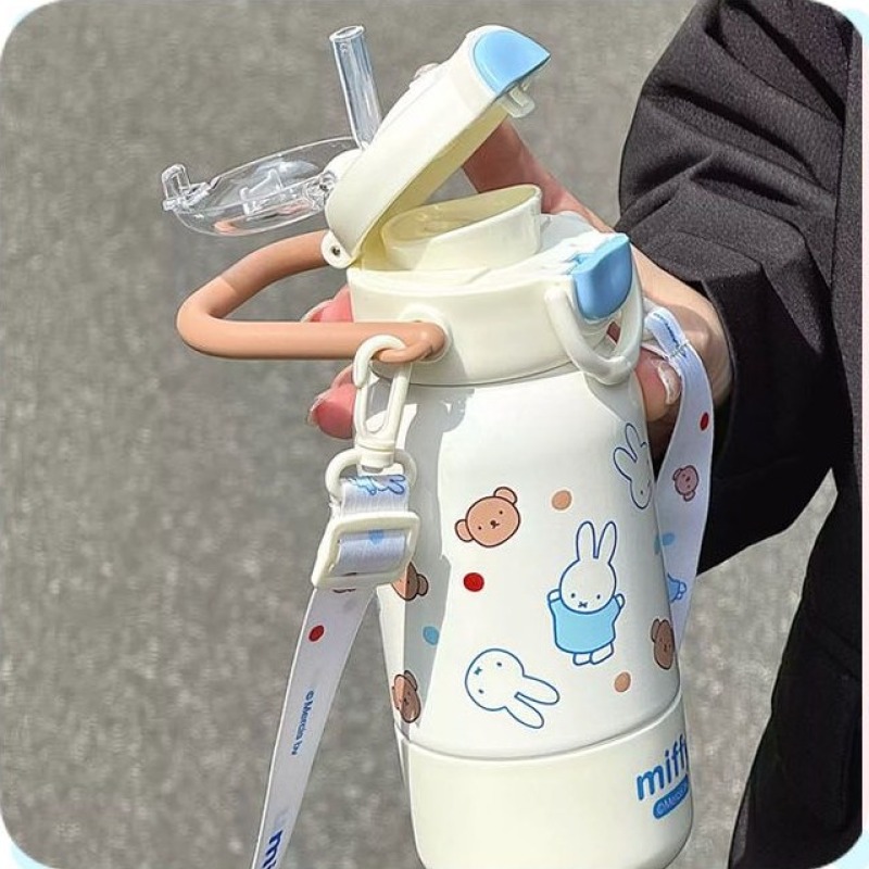 손잡이 보온 보냉 물병 핸들 캐릭터 물통 이중 빨대 텀블러 430ml 스트랩 미피 - 상세 이미지 2