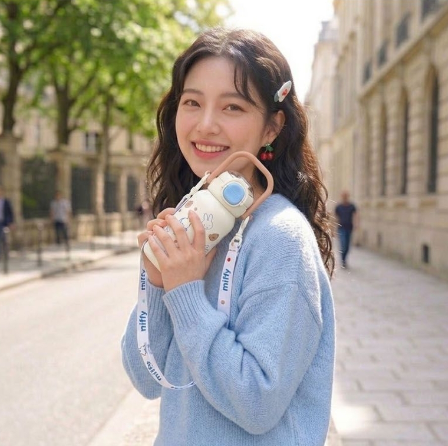 손잡이 보온 보냉 물병 핸들 캐릭터 물통 이중 빨대 텀블러 430ml 스트랩 미피 - 상품 이미지