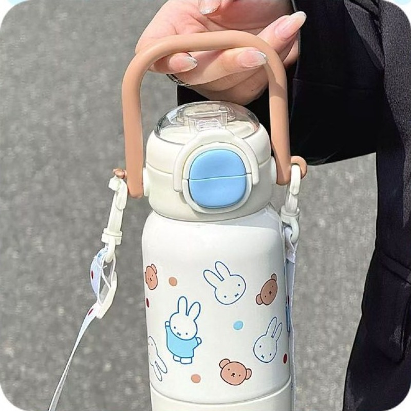 손잡이 보온 보냉 물병 핸들 캐릭터 물통 이중 빨대 텀블러 430ml 스트랩 미피 이미지 8