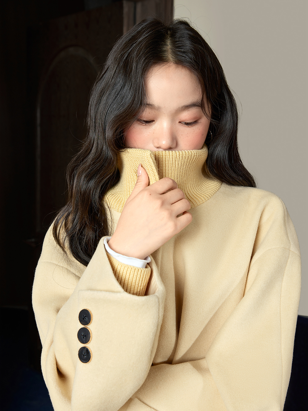 쿠오세 KUOSE 여성 스탠드칼라 울혼방 롱코트 이미지 8