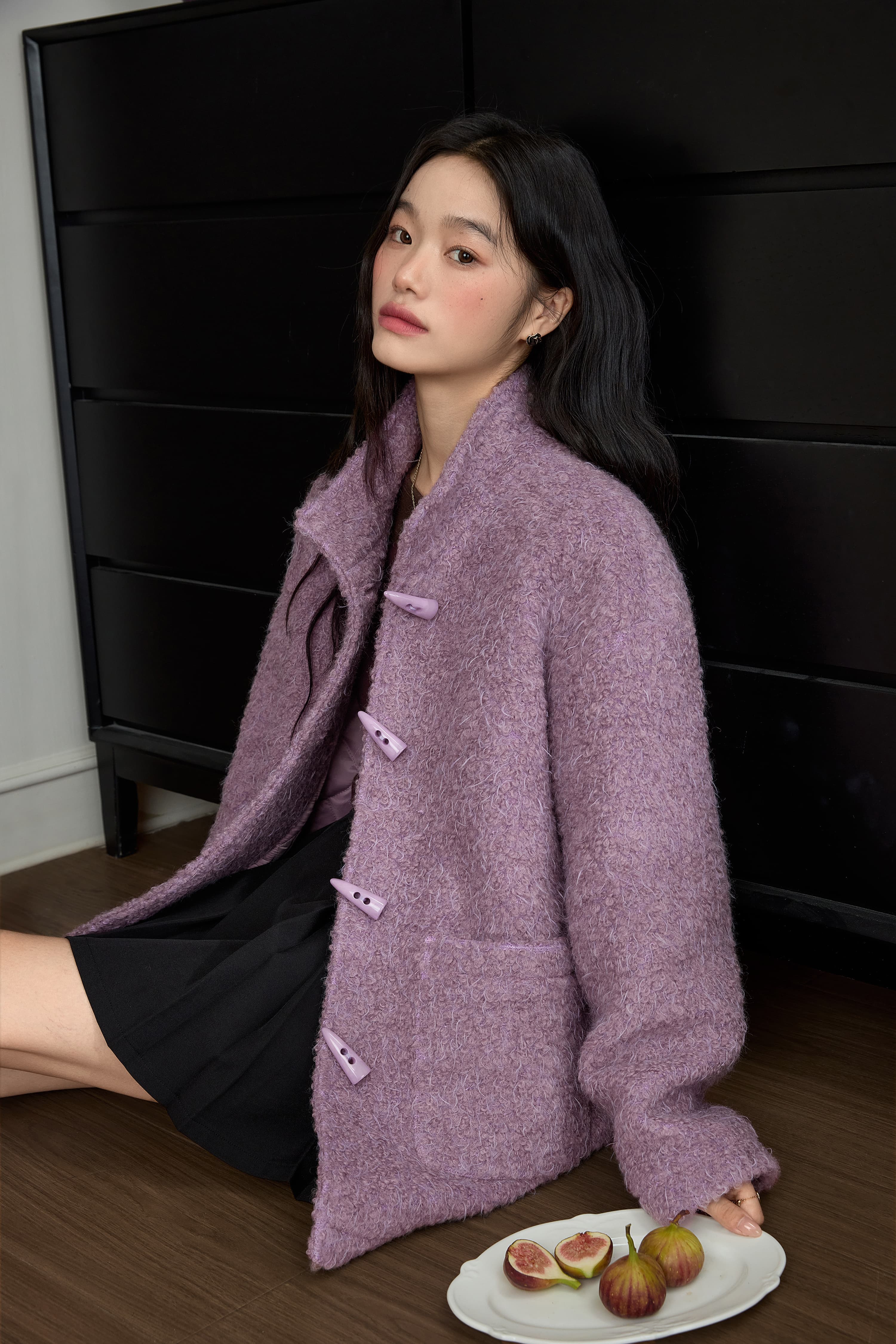 쿠오세 KUOSE 여성 스탠드 칼라 울 플리스 코트 - 상품 이미지