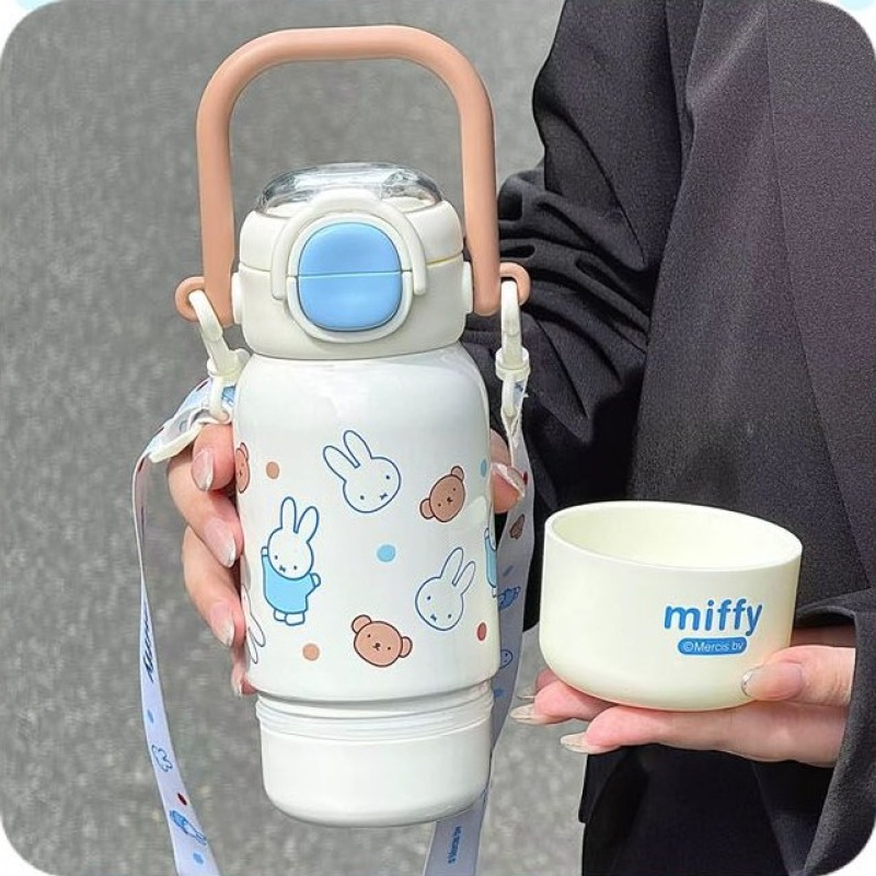 손잡이 보온 보냉 물병 핸들 캐릭터 물통 이중 빨대 텀블러 430ml 스트랩 미피 이미지 6