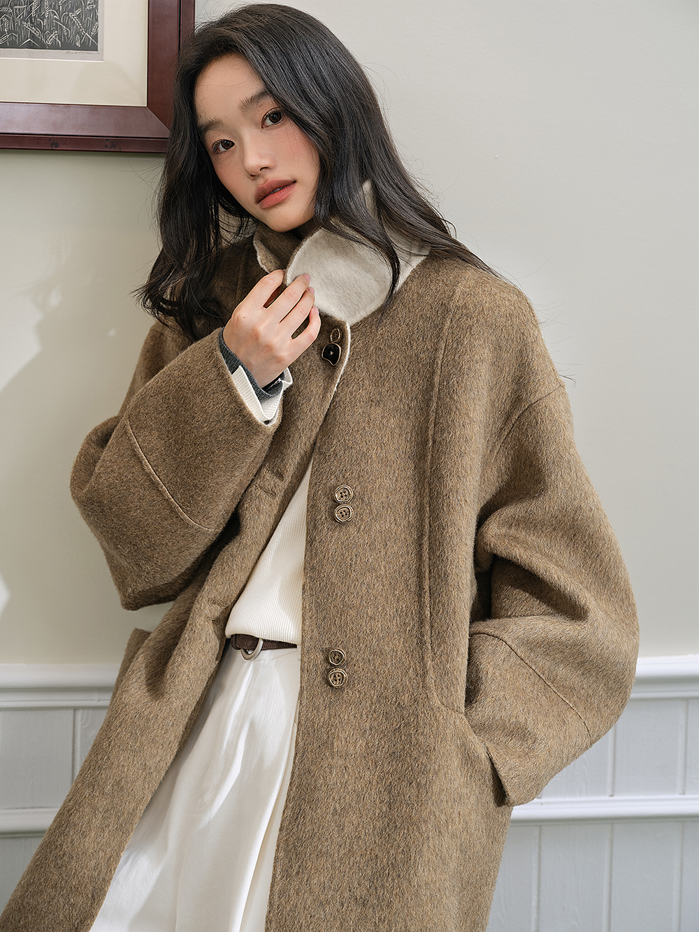 쿠오세 KUOSE 여성 울 롱 혼방 코트 이미지 7