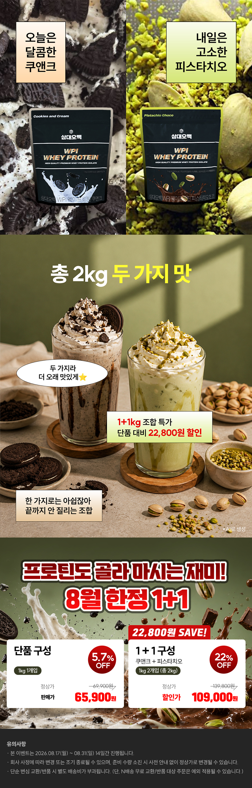 [1+1] 삼대오백 WPI 웨이 프로틴 쿠앤크+피스타치오, 2kg, 1개 상세 이미지 1
