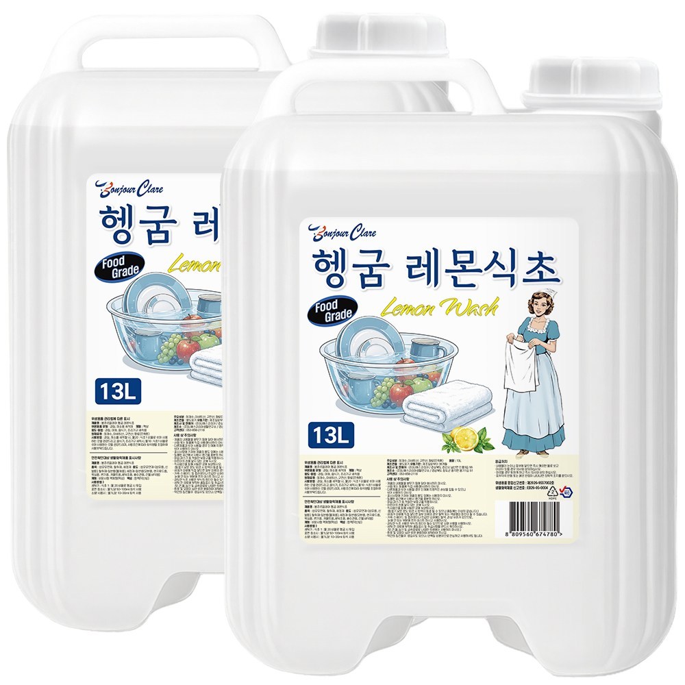 봉쥬르끌레어 헹굼 레몬식초 세탁물헹굼 섬유유연제 청소용 강력청결 탈취 레몬향, 13L, 2개 - 상품 이미지
