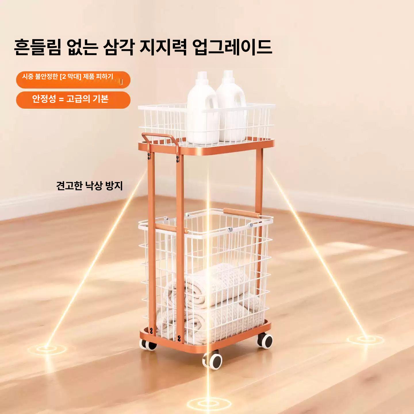 이동식 슬림 빨래바구니 원목 손잡이 세탁물 수거카트 오렌지 대형 소형 - 상세 이미지 2