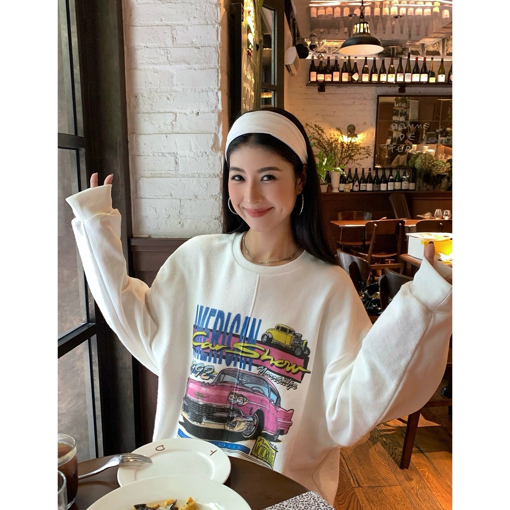빈티지풍 그래픽프린팅 라운드넥맨투맨티셔츠 직선포인트 루즈핏 캐주얼 추리닝 화이트 - 상세 이미지 5