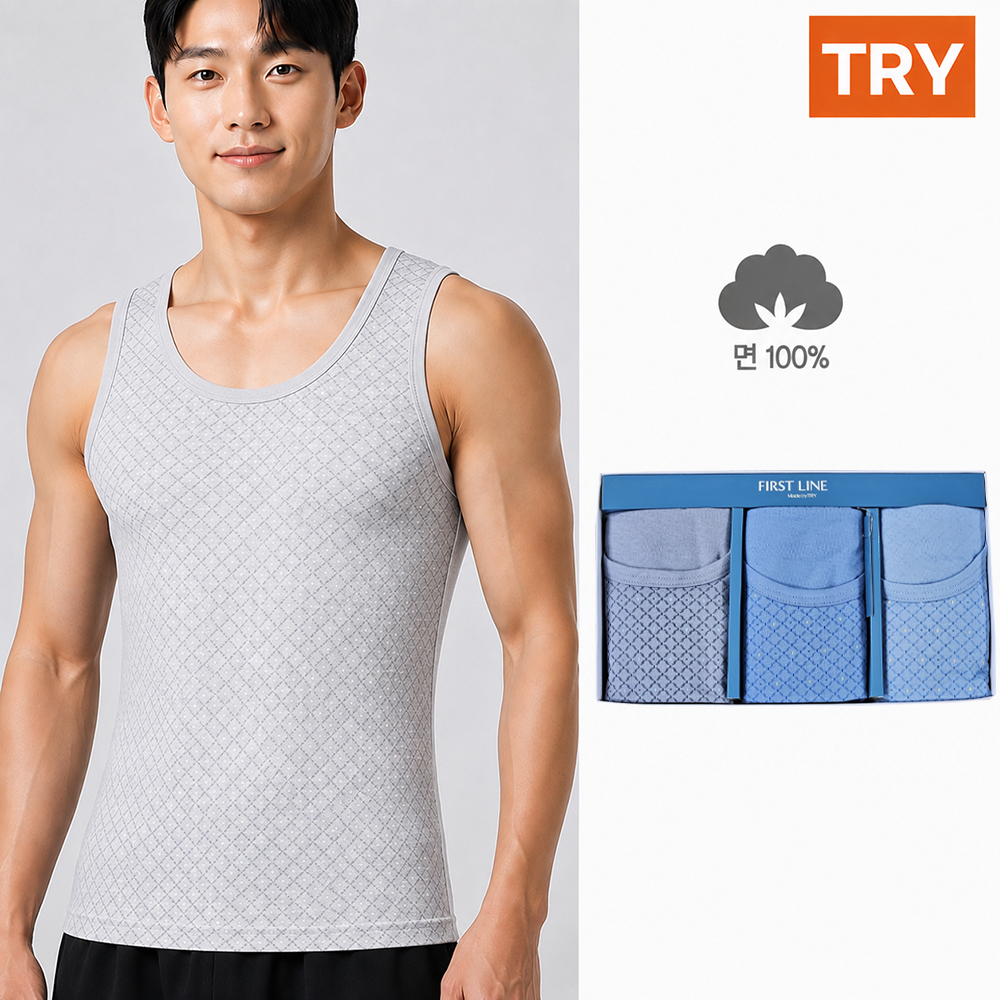 트라이 남자 런닝 순면 100% 퍼스트런닝 민소매 메리야스 3매 세트 - 상세 이미지 2