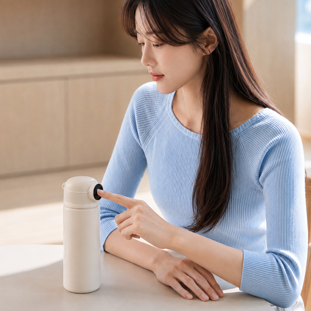 밝은 실내에서 여성이 텀블러의 잠금 버튼을 조작하며 사용하는 일상적인 모습