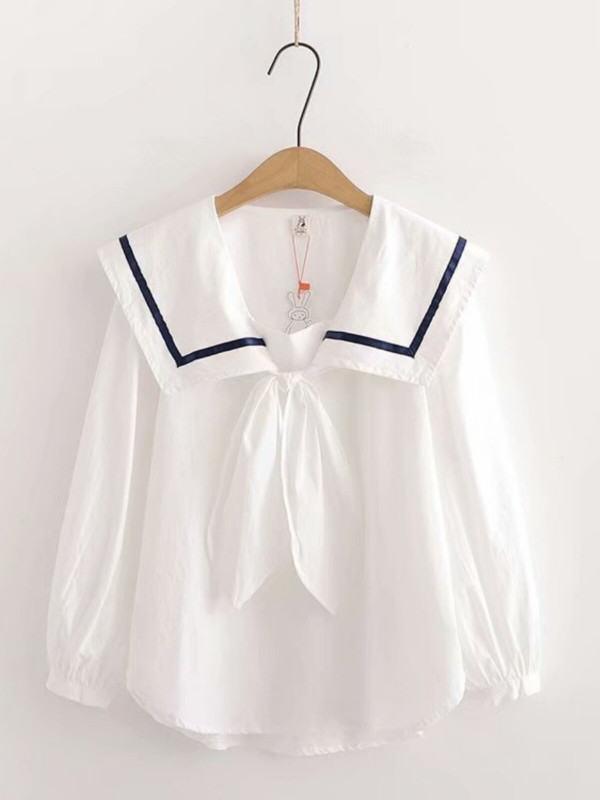 세라복 블라우스 마린룩 세일러 네이비 일본스쿨룩 화이트 칼라 반팔 - 상세 이미지 2