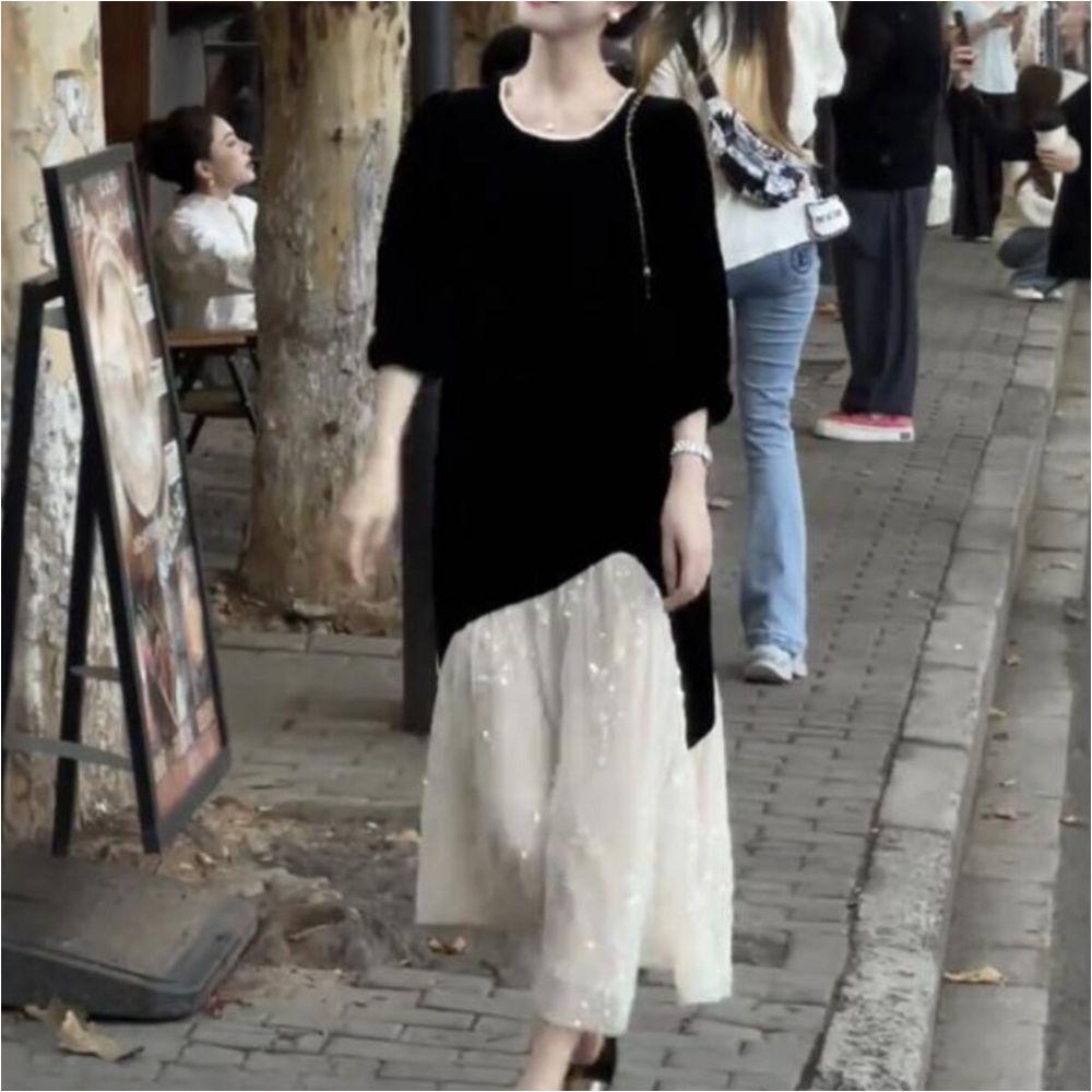 빅사이즈 벨벳 롱원피스 체형커버 루즈핏 여성 드레스 고급 봄 가을 - 상품 이미지