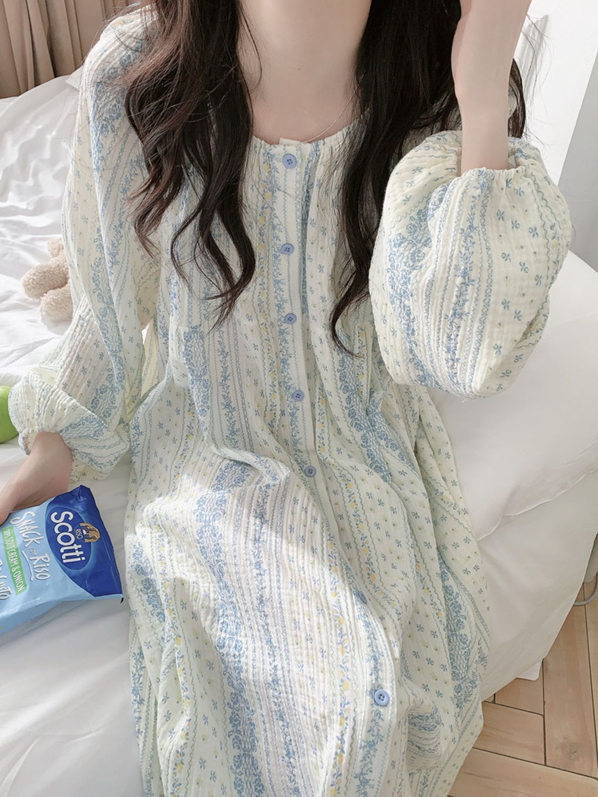 빅사이즈 잠옷 노카라 요루면 거즈면 긴팔 임산부 수유복 원피스 해븐 파자마 세트 이미지 8