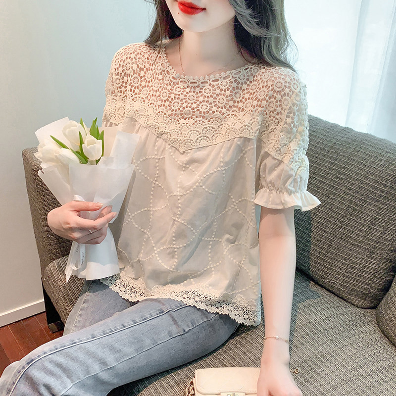 펀칭 반팔 아사면 블라우스 니트 여름 레이스 뱃살커버 여성 루즈핏 시어서커 - 상세 이미지 3