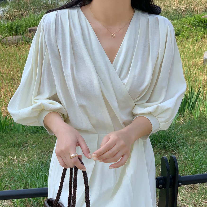 프론트 핀턱 7부 소매 랩 롱 원피스 - 상세 이미지 4
