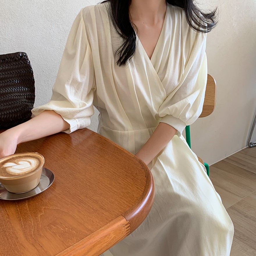 프론트 핀턱 7부 소매 랩 롱 원피스 이미지 7