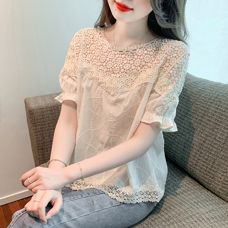 펀칭 반팔 아사면 블라우스 니트 여름 레이스 뱃살커버 여성 루즈핏 시어서커 - 상품 이미지