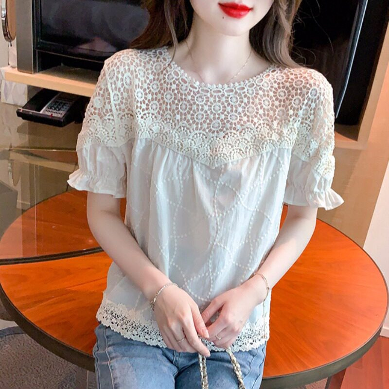 펀칭 반팔 아사면 블라우스 니트 여름 레이스 뱃살커버 여성 루즈핏 시어서커 - 상세 이미지 5