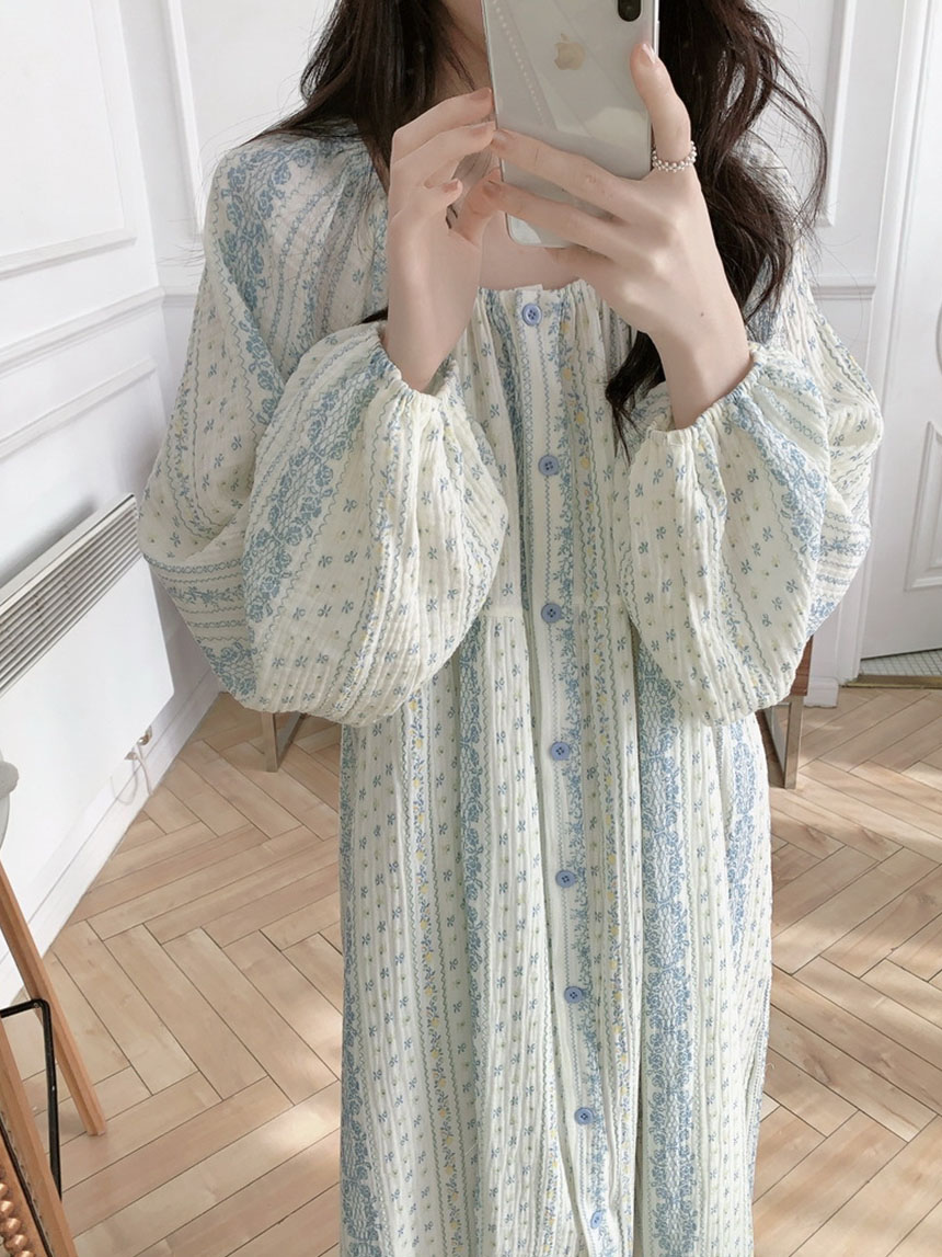 빅사이즈 잠옷 노카라 요루면 거즈면 긴팔 임산부 수유복 원피스 해븐 파자마 세트 - 상세 이미지 3