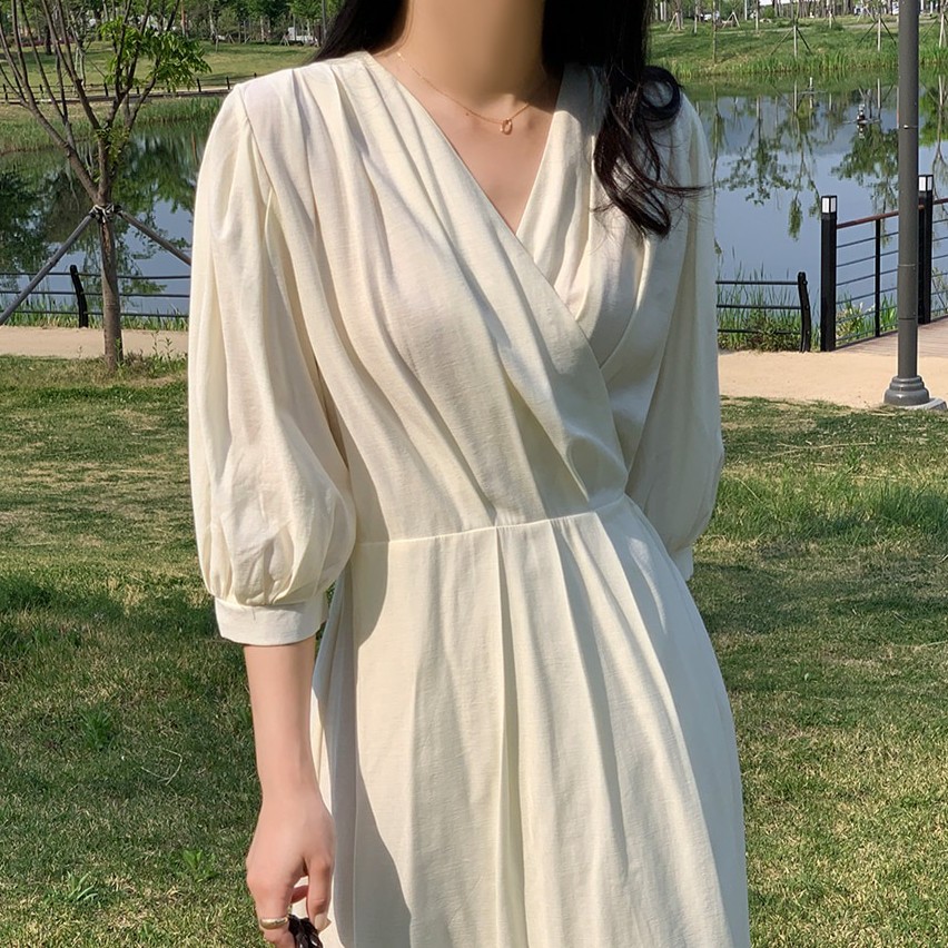 프론트 핀턱 7부 소매 랩 롱 원피스 이미지 6