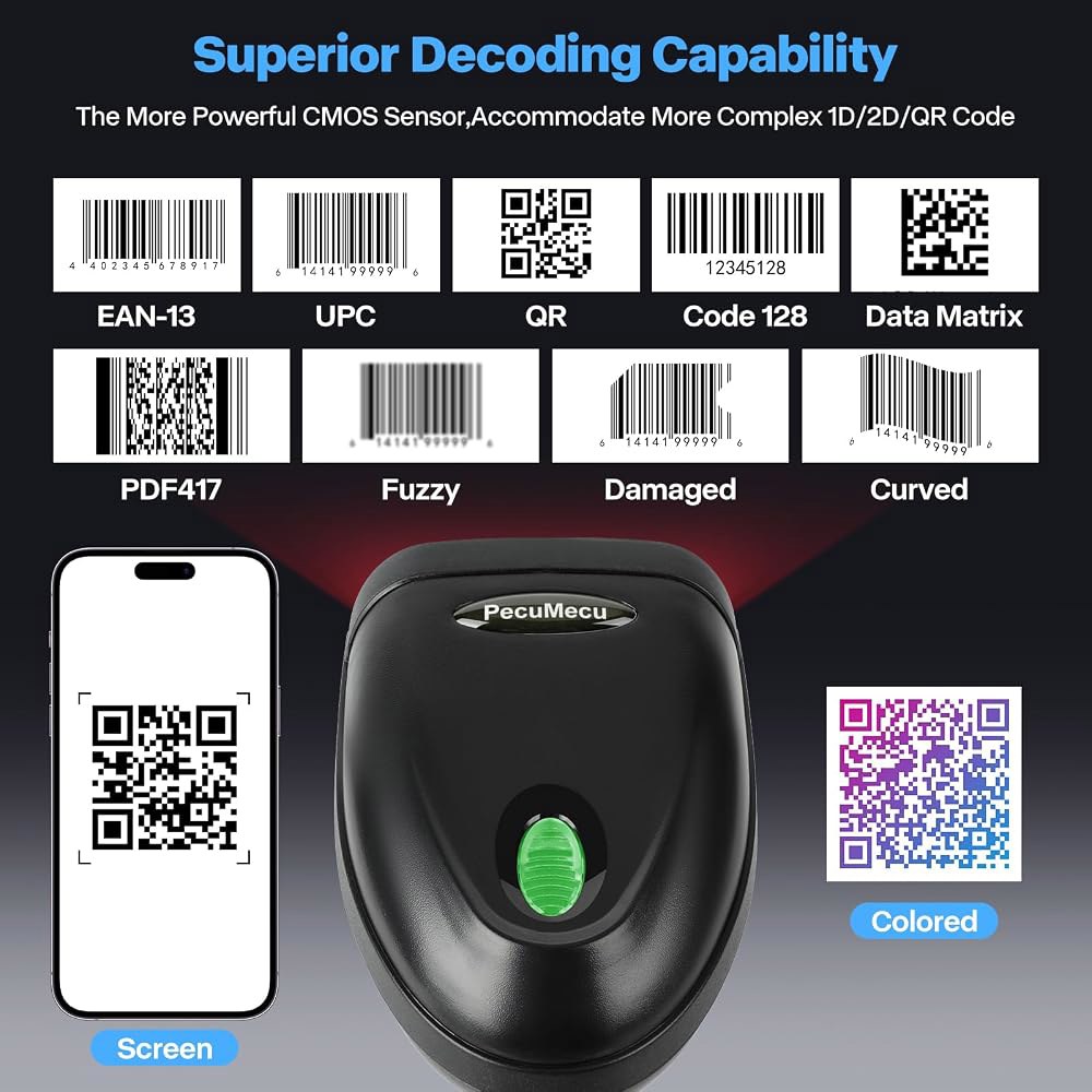 PecuMecu 휴대용 1D & 2D USB 바코드 스캐너, 유선 QR 코드 스캐너 PDF417 데이터 매트릭스 리더기(POS 모바일 결제, 편의점, 슈퍼마켓, 창고용 긴 케이블 - 상세 이미지 3