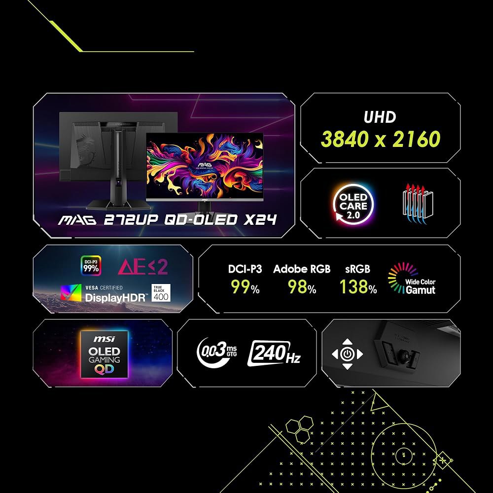 MSI MAG 272UP QD-OLED X24 27인치 4K UHD 게이밍 모니터, 3840 x 2160, 퀀텀닷 OLED 패널, 240Hz, 0.03ms, 디스플레이HDR 트루 - 상세 이미지 3