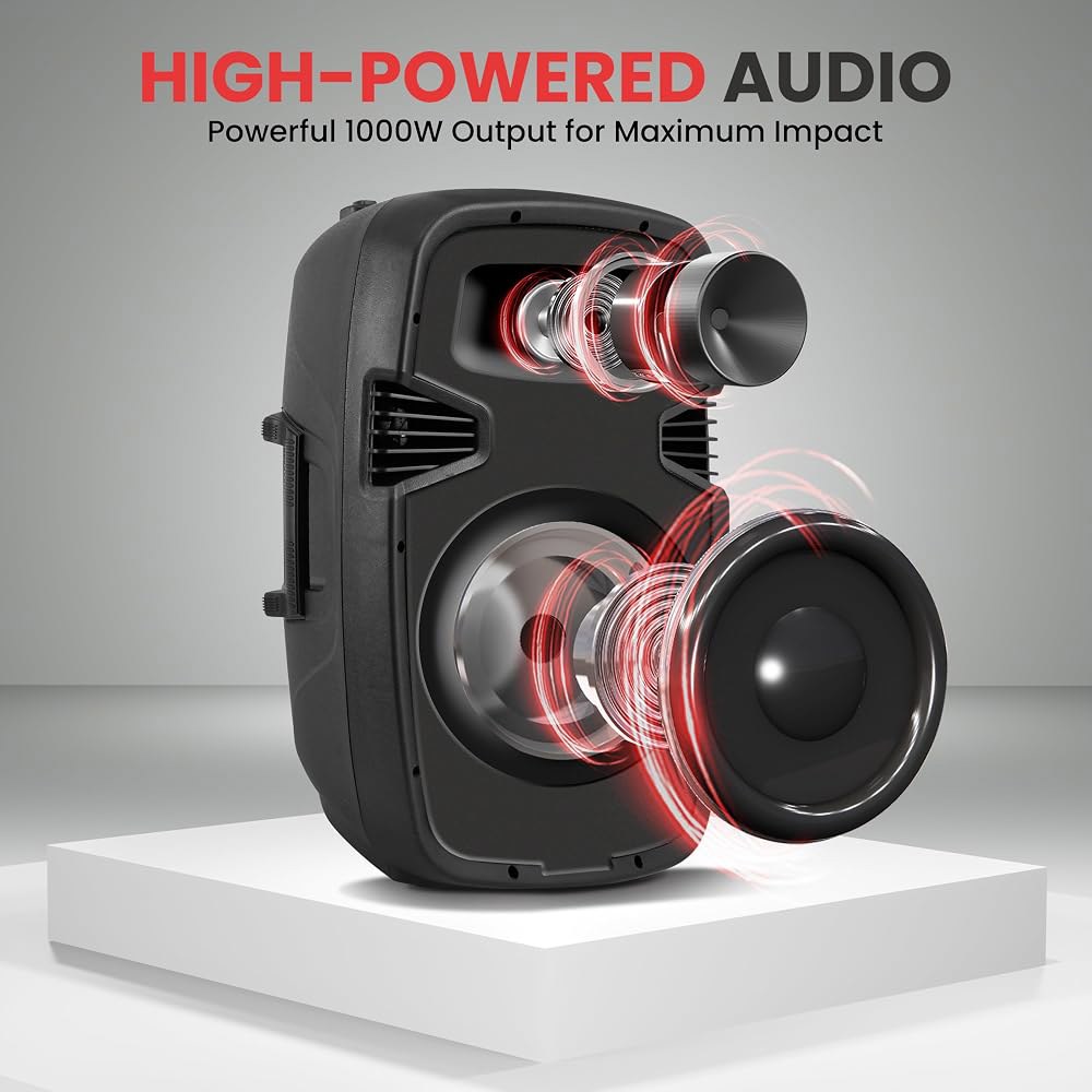 Pyle 10 무선 휴대용 PA 시스템 - 1000W 고출력 블루투스 호환 액티브 + 패시브 페어 야외 사운드 스피커(USB SD MP3 AUX 포함) 35mm 마운트, 스탠드 - 상세 이미지 3