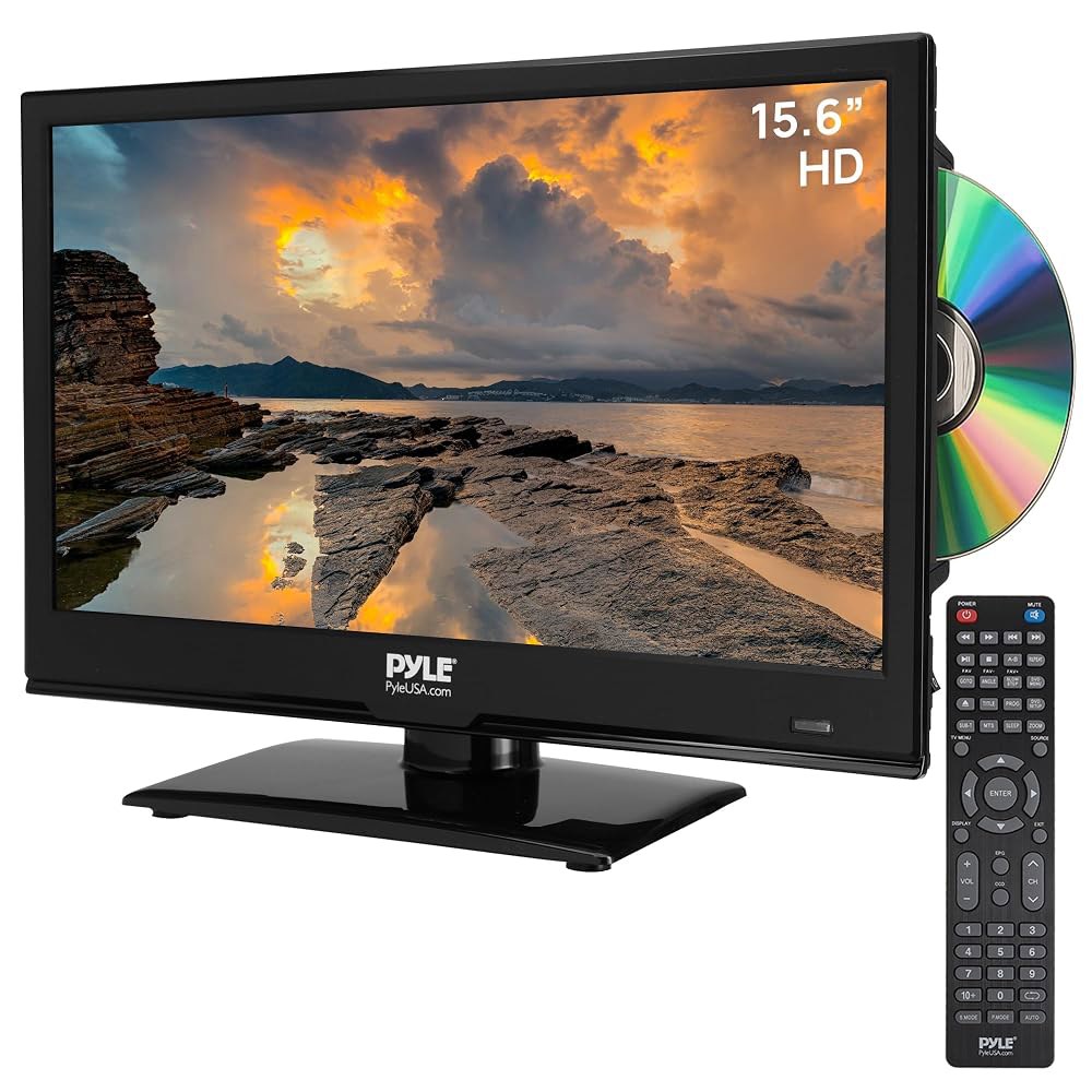 Pyle 15.6인치 LED 평면 TV, RV, 카 앤 홈용 1080p 소형 HDMI, RCA, 슬롯 인 DVD 콤보, 12/24V 어댑터, 원격, Mac 및 PC 호환, 슬림 - 상품 이미지